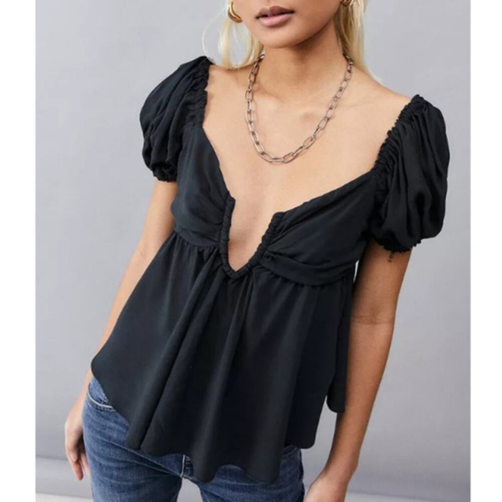 URBAN OUTFITTERS Kristina Wired Babydoll Top Black Puff Sleeve Women's S